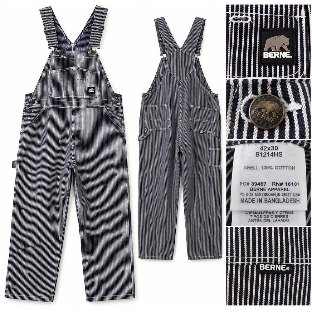 Berne Hickory Stripe Bib Overalls Mens 42x30 Railroad Workwear Carpenter B1214HS